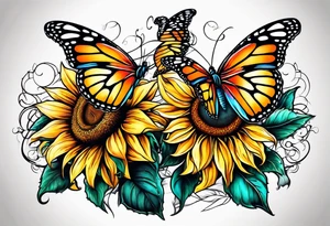2 sunflowers on top of eachother with a butterfly underneath them tattoo idea