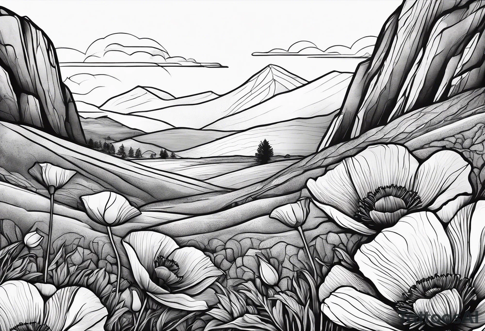 Lone  poppy growing out of boulder in distance tattoo idea
