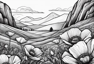 Lone  poppy growing out of boulder in distance tattoo idea