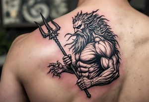 muscular mid aged poseidon with huge trident tattoo idea