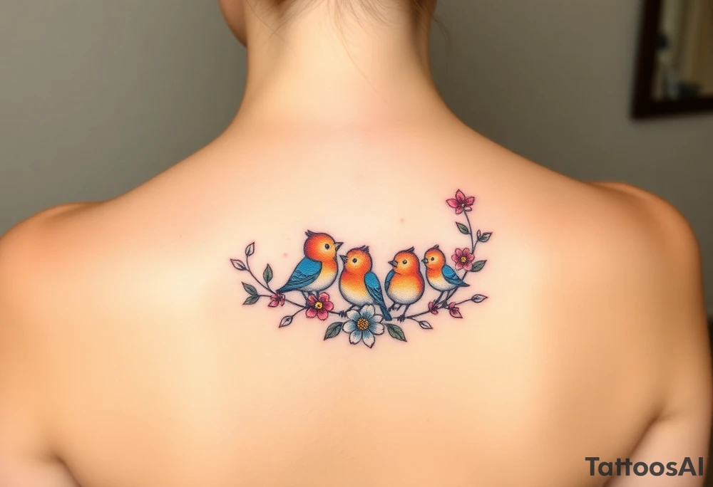 Mom bird and three baby birds with flowers tattoo idea