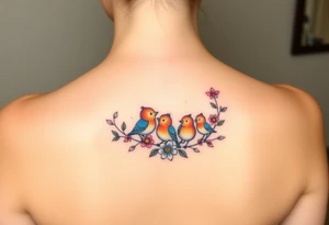 Mom bird and three baby birds with flowers tattoo idea