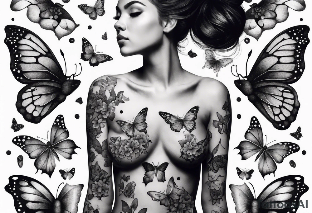 Mechanic body girl torso surrounded by butterflies tattoo idea