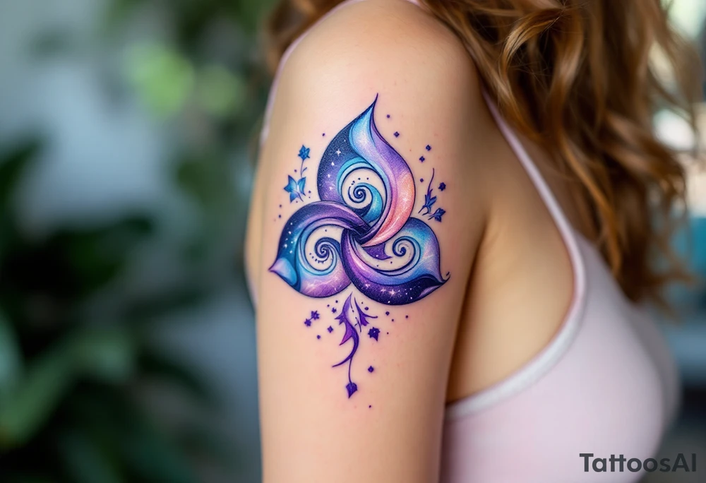 Three triskelion spirals blending purples, deep blues, and radiant whites. tattoo idea