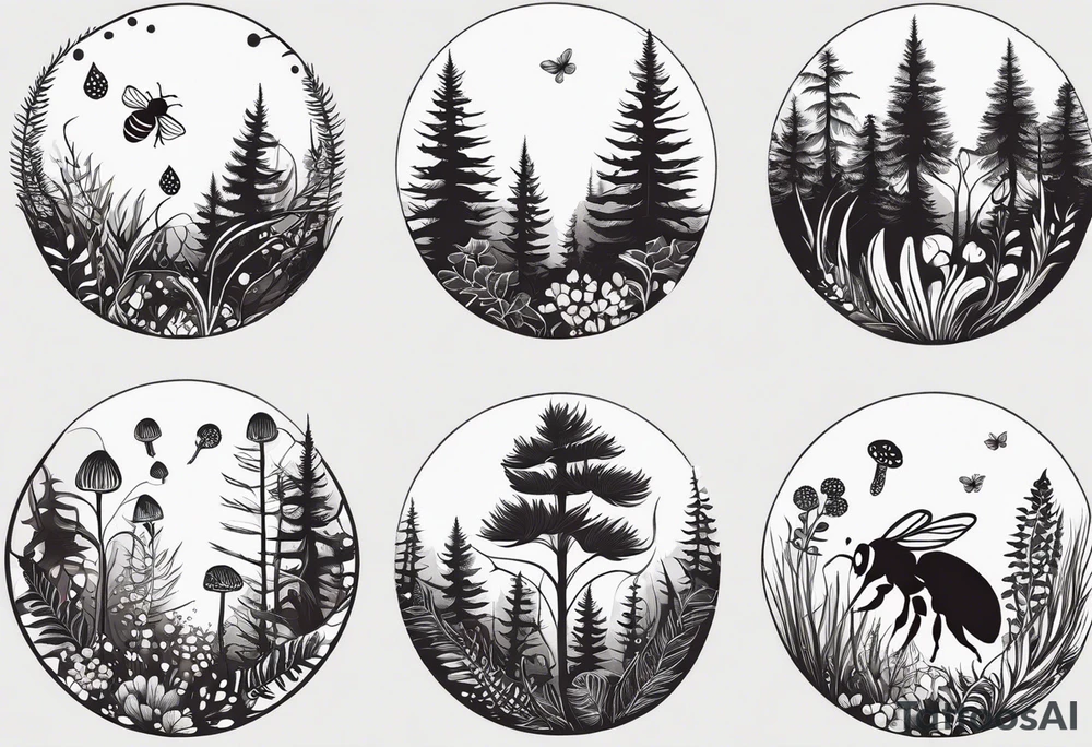 forest floor inspired minimalist tattoo, which includes grass, curly ferns, moss and dead leaves as the bulk of the tattoo. details to include: forest berries, a tiny bumblebee flying nearby, three small brown mushrooms
Generate a vertically long one tattoo idea