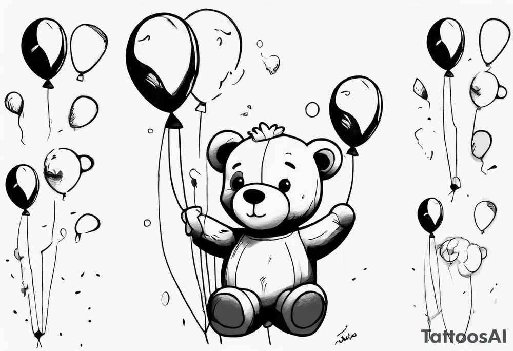 Scruffy teddy bear holding on to balloons and wearing a T-shirt going up to the sky tattoo idea