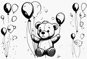 Scruffy teddy bear holding on to balloons and wearing a T-shirt going up to the sky tattoo idea