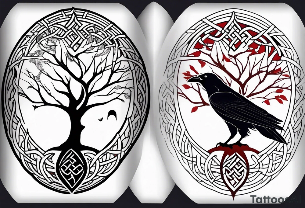 world tree with a raven and knotwork sleeve tattoo tattoo idea