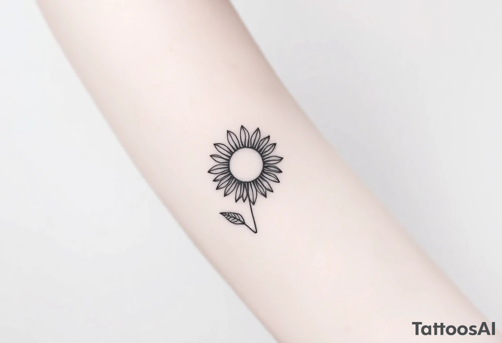 Half Sunflower, half sun tattoo that will "shine" on my bicep with stem, fine line and feminine tattoo idea