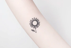 Half Sunflower, half sun tattoo that will "shine" on my bicep with stem, fine line and feminine tattoo idea