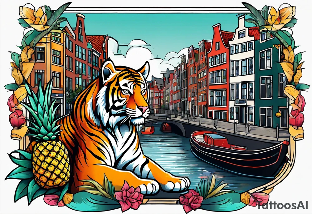 Tiger and pineapple featuring Amsterdam buildings and canal tattoo idea
