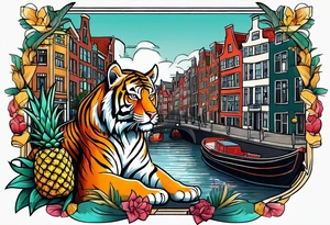 Tiger and pineapple featuring Amsterdam buildings and canal tattoo idea