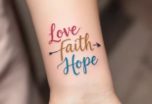 "Love" in dusty rose pink, "Faith" in antique gold, and "Hope" in sky blue, connected by a fine black arrow. tattoo idea