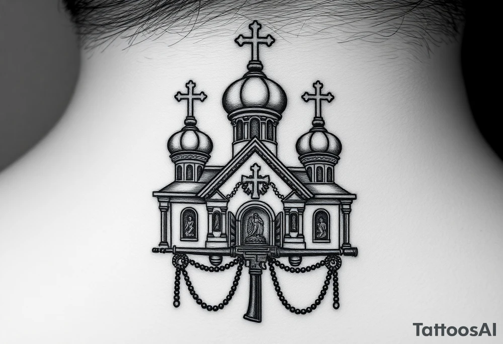 russian orthodox church with the crosses above being christian orthodox but in a AK47 style with a beaded orthodox thurible chain tattoo idea