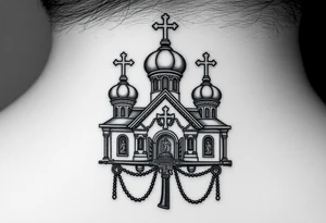 russian orthodox church with the crosses above being christian orthodox but in a AK47 style with a beaded orthodox thurible chain tattoo idea
