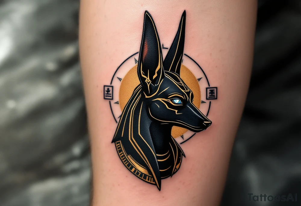 A sleek, minimalist Anubis head in profile, with sharp, angular lines and deep black shading, accentuated by golden Egyptian markings and glowing blue eyes. The ears are tall and pointed, symbolizing divine authority, while subtle hieroglyphic patterns in gold and deep navy frame the design, adding an air of mystery and reverence. tattoo idea