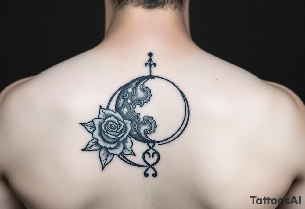 Search Lilith royalty symbol on Google and use that one together with a rose around the top half of the symbol moon and add a loose knot tattoo idea