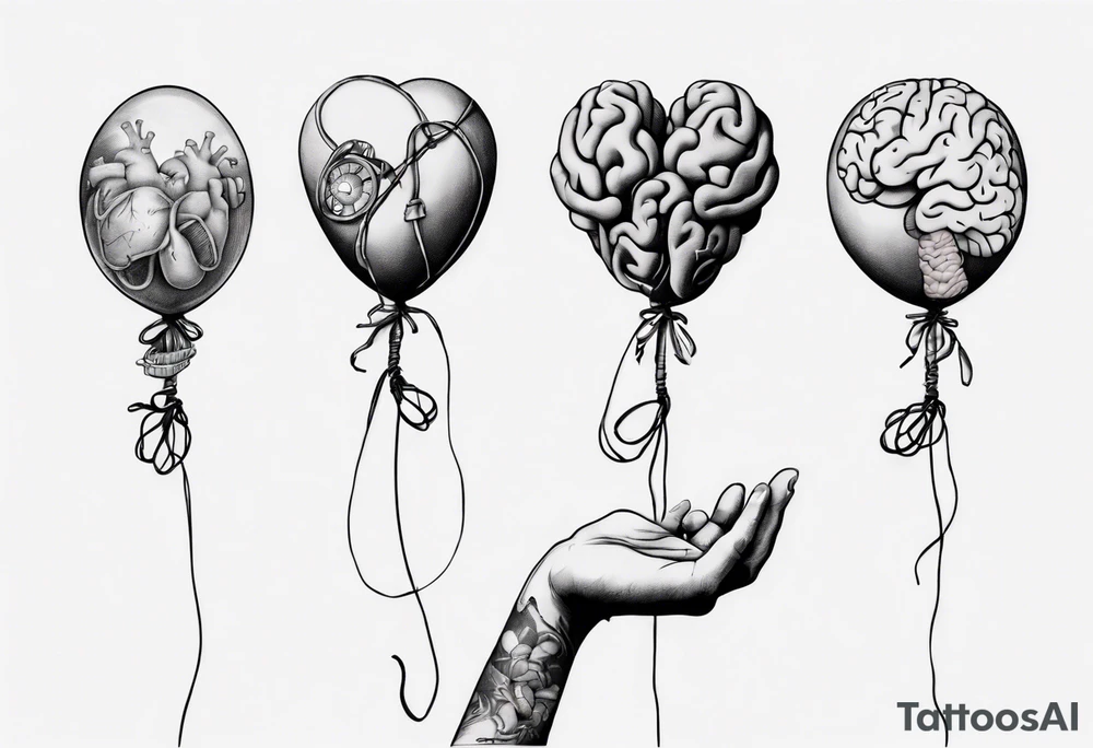 Woman's hand holding balloons tied to string, balloons in shape of anatomical heart and an anatomical brain tattoo idea