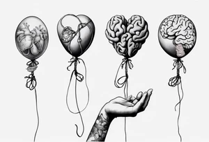 Woman's hand holding balloons tied to string, balloons in shape of anatomical heart and an anatomical brain tattoo idea