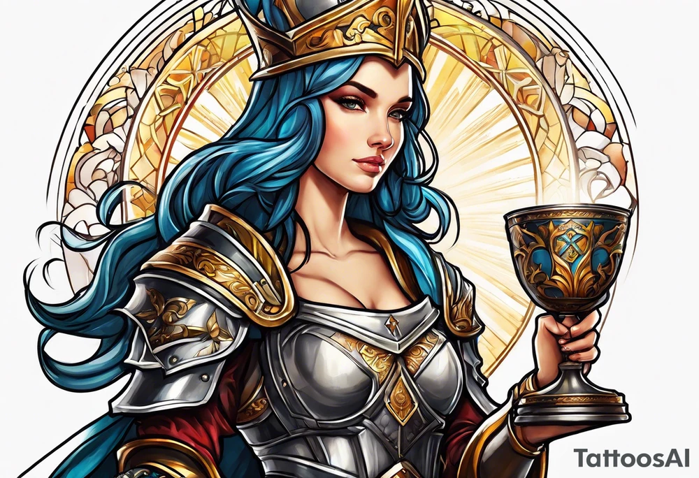 Female saint in armor holding a chalice tattoo idea