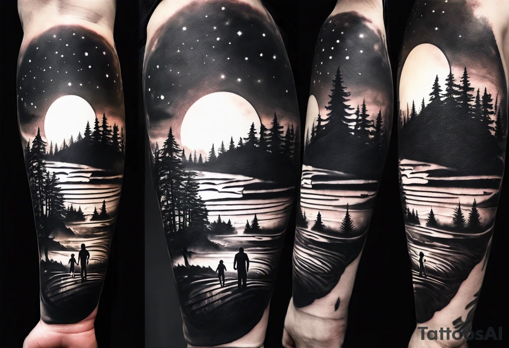 sleeve tattoo sun rays with road and dad, daughter and son silhouette tattoo idea