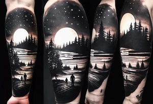 sleeve tattoo sun rays with road and dad, daughter and son silhouette tattoo idea