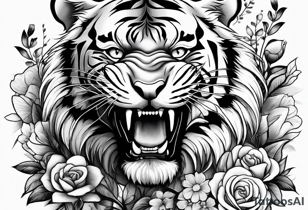 tiger with floral designs, realistic tattoo idea
