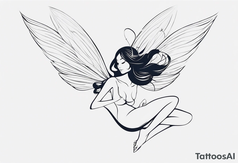 Minimalistic, monochromatic fairy with a tail flying to the left in a fetal position, leaning and looking in the same direction, with visible hands, embodying the 'Fairy Tail' logo aesthetic. tattoo idea