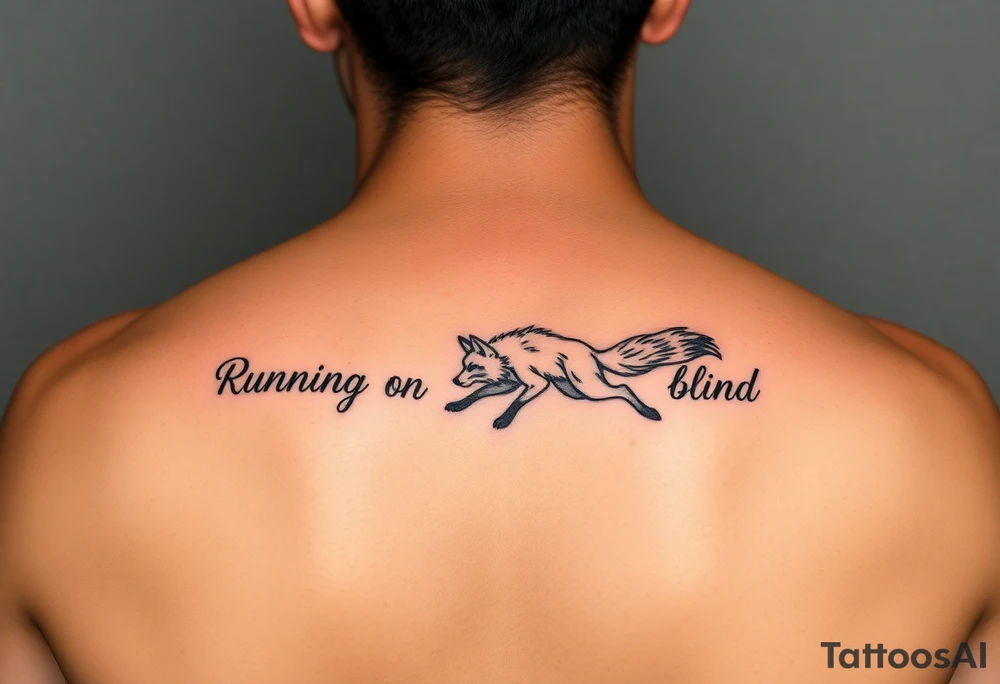 Lyrics to Jackson brownes runnin on empty. “Runnin on empty, runnin blind” with an outline sketch of a running fox in between  the two set of lyrics tattoo idea