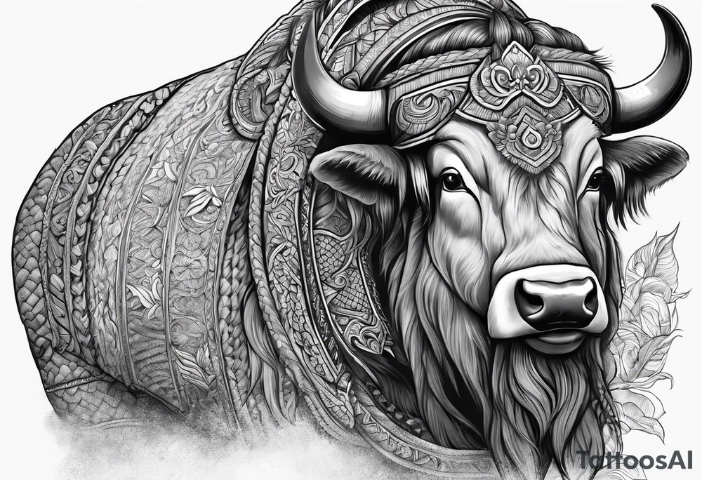 Black and white, grey Thai yak/giant with thai naga. tattoo idea