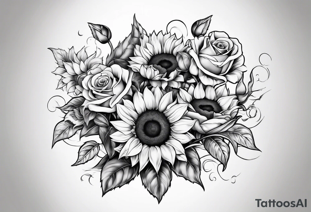 A bouquet of sunflowers and roses with the letter M tattoo idea