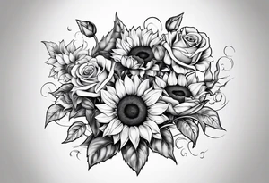 A bouquet of sunflowers and roses with the letter M tattoo idea