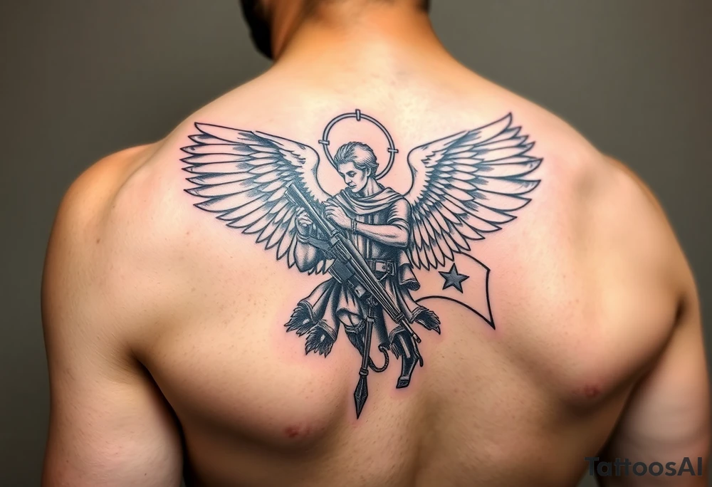 full arm sleeve tattoo of saint michael. Include usa flag and army stuff. tattoo idea