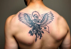full arm sleeve tattoo of saint michael. Include usa flag and army stuff. tattoo idea