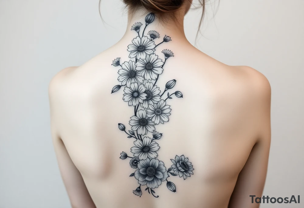 A spine tattoo a flower vine going down the whole back With the flowers Honeysuckle Chrysanthemum  waterlily Gladiolus Daisy sweet pea rose tattoo idea