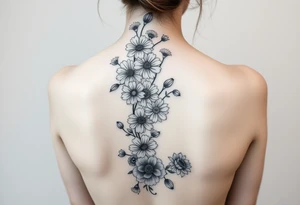 A spine tattoo a flower vine going down the whole back With the flowers Honeysuckle Chrysanthemum  waterlily Gladiolus Daisy sweet pea rose tattoo idea