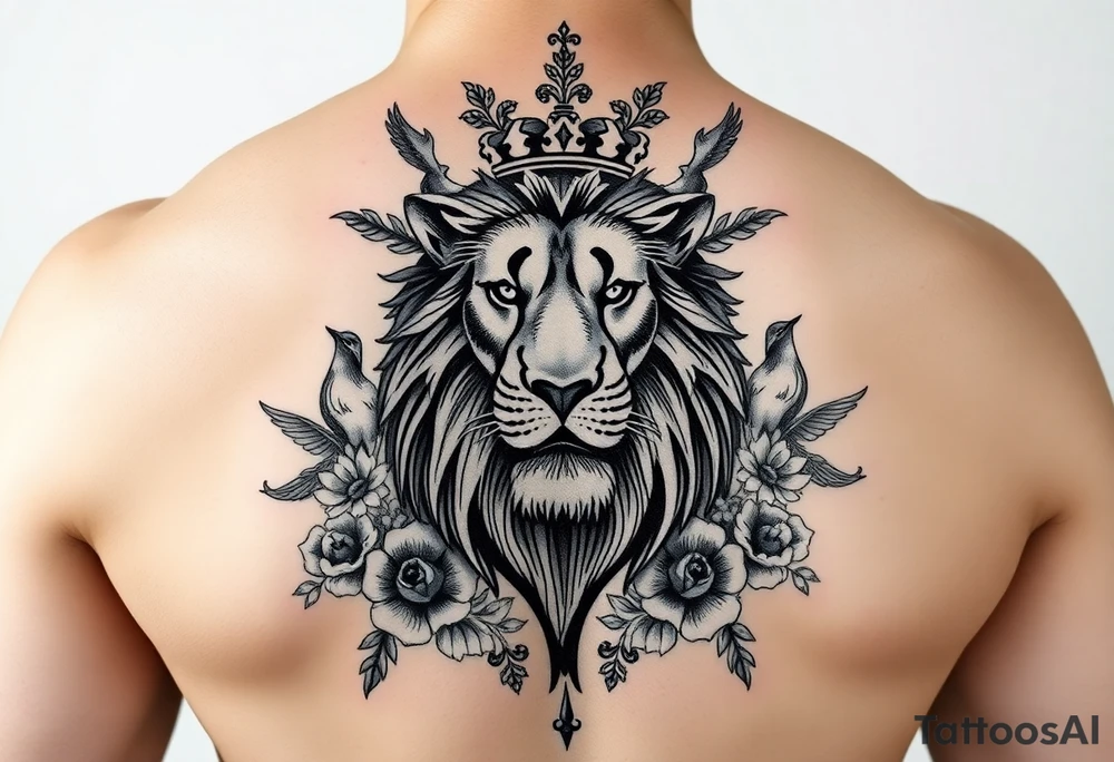 powerful majestic lion with a crown, surrounded by floral ornaments and birds tattoo idea