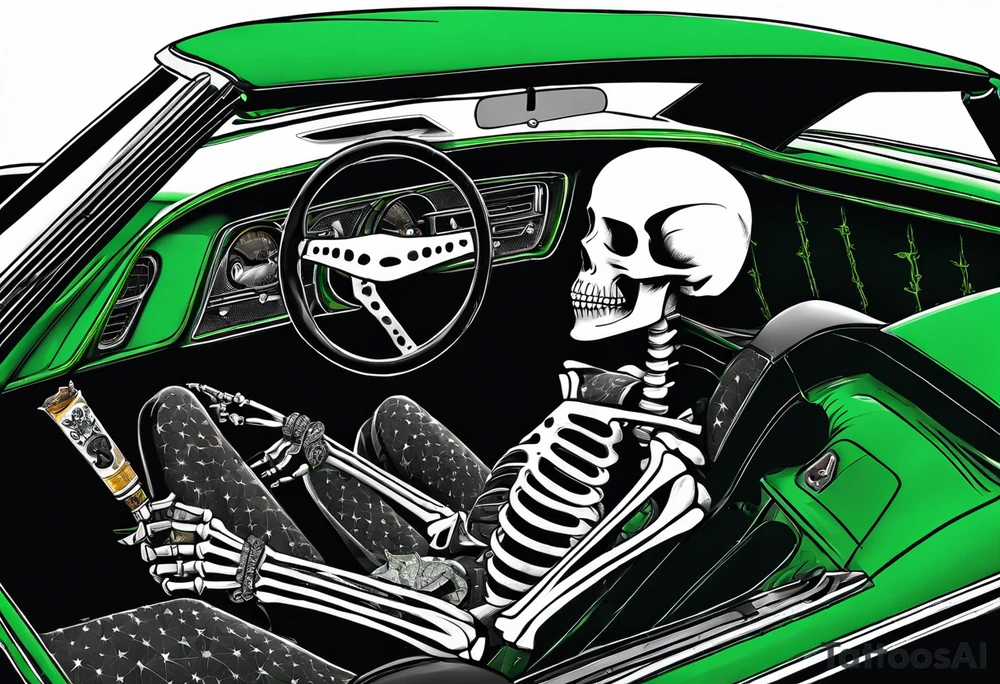 Skeleton smoking a cigarette driving a green 1976 convertible Corvette tattoo idea