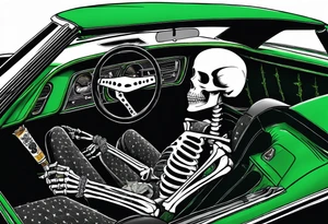 Skeleton smoking a cigarette driving a green 1976 convertible Corvette tattoo idea