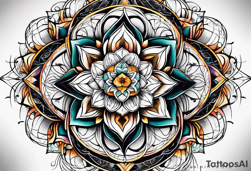front knee tattoo with sacred geometry, swirls & washes, background washes tattoo idea
