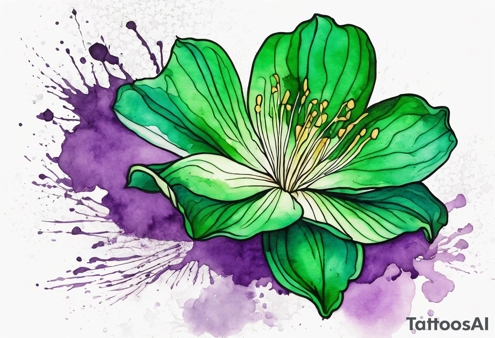 An outline of a green rio dipladenia flower and a green and purple watercolor splash in the background tattoo idea