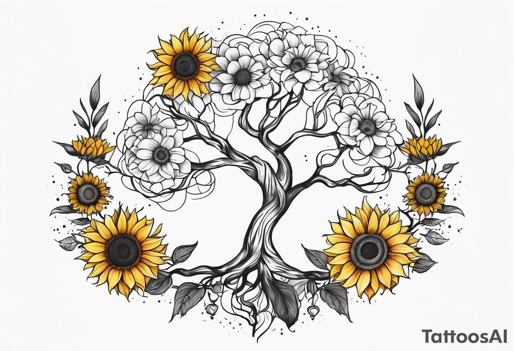 Feminine Yggdrasil tree with two sunflowers tattoo idea Feminine Yggdrasil tree with two sunflowers tattoo idea