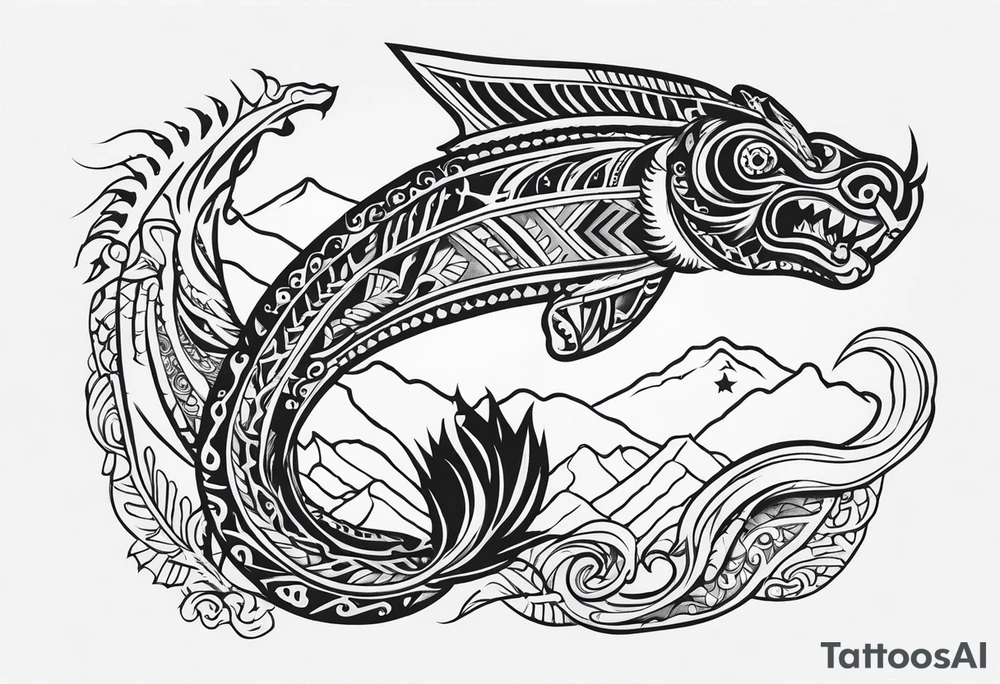 New Zealand with taniwha wrapped around New Zealand tattoo idea