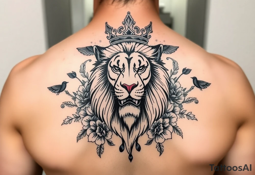 powerful majestic lion with a crown, surrounded by floral ornaments and birds tattoo idea
