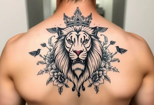 powerful majestic lion with a crown, surrounded by floral ornaments and birds tattoo idea