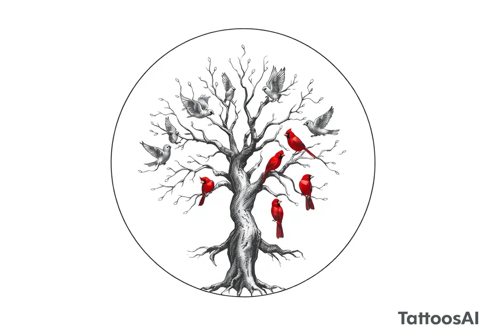 Tree of life in a broken circle with 5 birds flying out and two red cardinals sitting in the tree tattoo idea