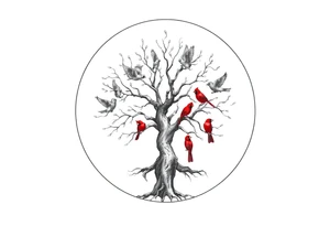 Tree of life in a broken circle with 5 birds flying out and two red cardinals sitting in the tree tattoo idea