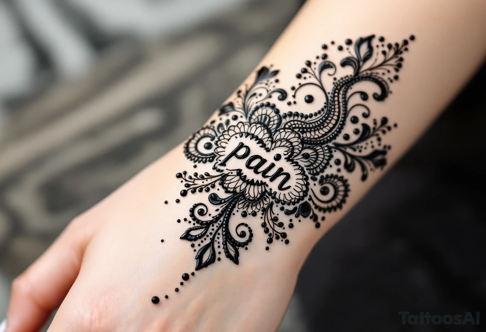 Indian style Henna tattoo for the inner wrist including word pain tattoo idea