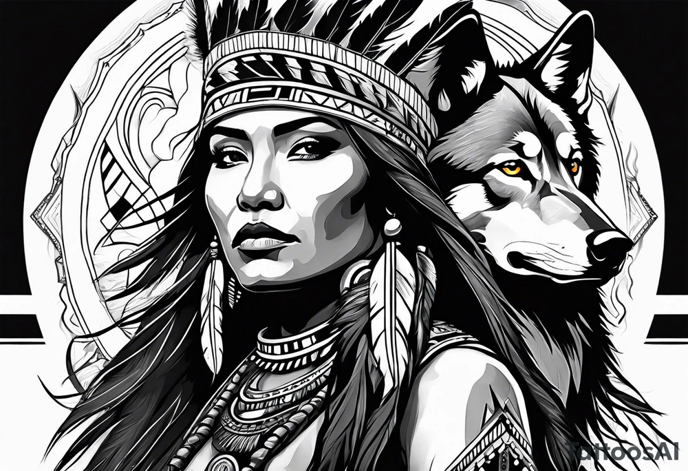 Native American woman chief with wolf tattoo idea