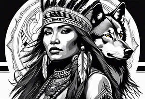 Native American woman chief with wolf tattoo idea